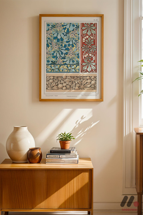 Art Nouveau Mavi Desen Paneli, Ahşap Çerçeveli Duvar Tablosu - Ev Dekorasyonu