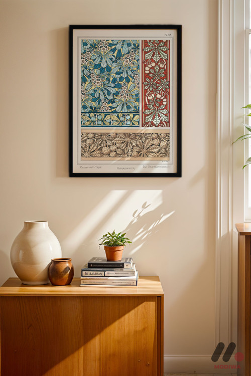 Art Nouveau Mavi Desen Paneli, Siyah Çerçeveli Duvar Tablosu - Ev Dekorasyonu