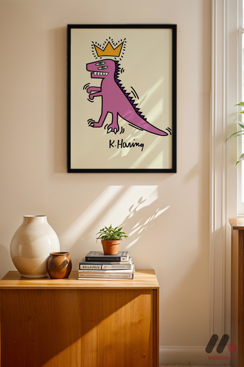 Taçlı Dinozor Pop Art, Siyah Çerçeveli Duvar Tablosu - Renkli Ev Dekorasyonu