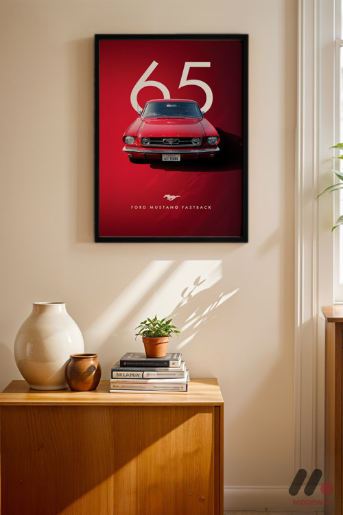 Ford Mustang Fastback 1965 Poster, Siyah Çerçeveli Duvar Tablosu - Oto Severlere Özel Hediye