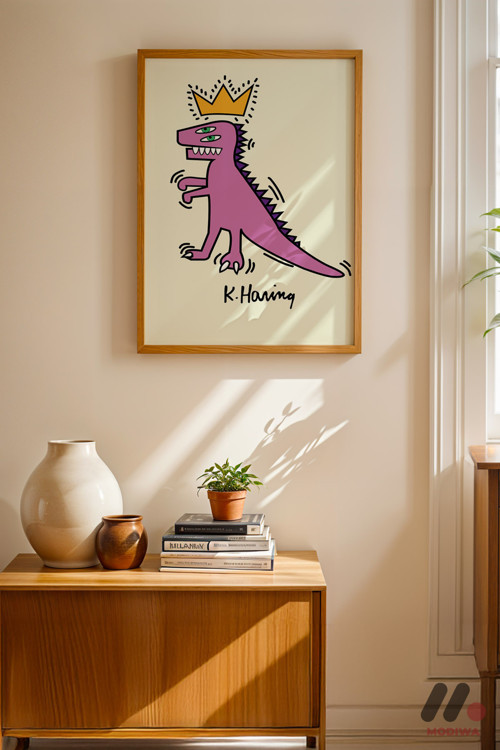 Taçlı Dinozor Pop Art, Ahşap Çerçeveli Duvar Tablosu - Renkli Ev Dekorasyonu