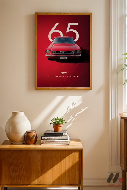 Ford Mustang Fastback 1965 Poster, Ahşap Çerçeveli Duvar Tablosu - Oto Severlere Özel Hediye