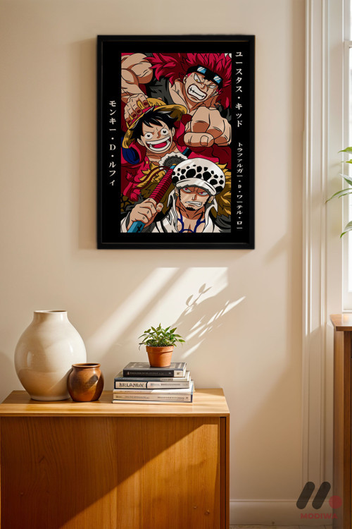 One Piece Kid Luffy Law Poster, Siyah Çerçeveli Duvar Tablosu - Anime Severlere Özel Hediye