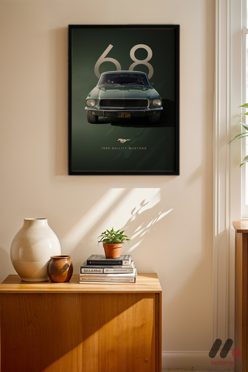 Ford Mustang Bullitt 1968 Poster, Siyah Çerçeveli Duvar Tablosu - Oto Severlere Özel Hediye