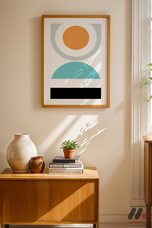 Minimal Geometrik Kompozisyon, Ahşap Çerçeveli Duvar Tablosu - Modern Ev Dekorasyonu