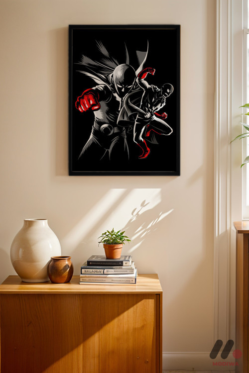 One Punch Man Siyah Poster, Siyah Çerçeveli Duvar Tablosu - Anime Severlere Özel Hediye