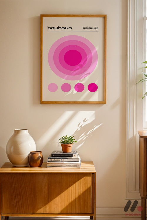 Bauhaus Pembe Daire Afişi, Ahşap Çerçeveli Duvar Tablosu - Modern Ev Dekorasyonu