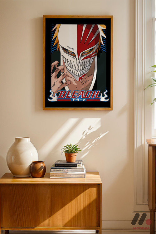 Bleach Ichigo Maske Anime Poster, Ahşap Çerçeveli Duvar Tablosu - Anime Severlere Özel Hediye