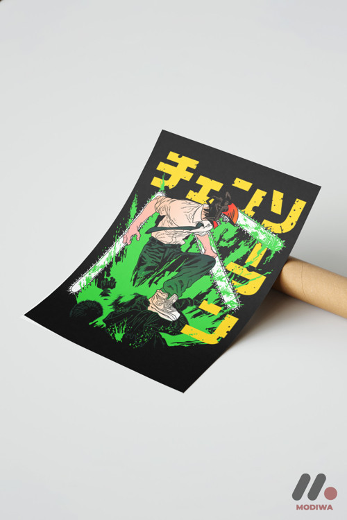 Chainsaw Man Yeşil Grafik Poster, Çerçevesiz Yüksek Kalite Duvar Afişi - Anime Severlere Özel Hediye
