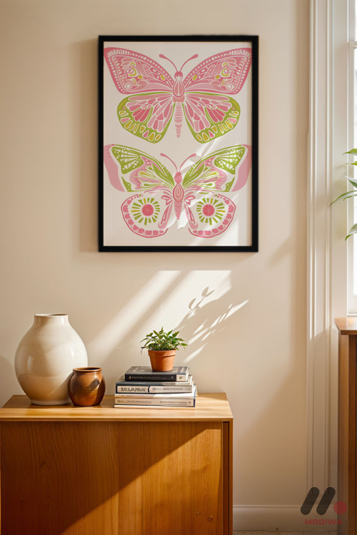 Pembe Kelebek Deseni, Siyah Çerçeveli Duvar Tablosu - Modern Ev Dekorasyonu