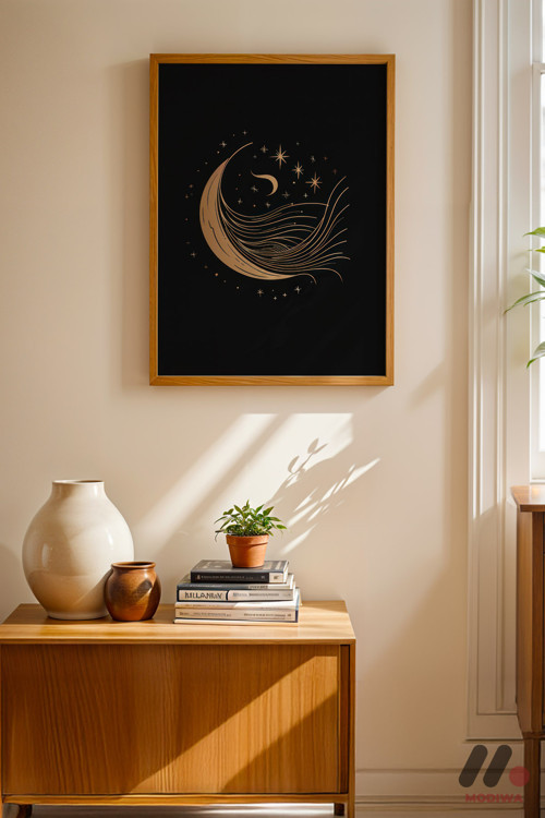 Altın Ay Mistik Poster, Ahşap Çerçeveli Duvar Tablosu - Modern Ev Dekorasyonu