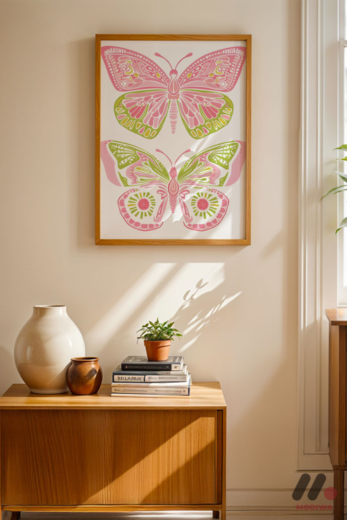 Pembe Kelebek Deseni, Ahşap Çerçeveli Duvar Tablosu - Modern Ev Dekorasyonu
