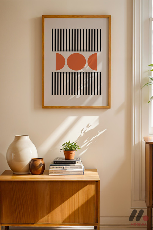 Bauhaus Çizgi Ve Daire Deseni, Ahşap Çerçeveli Duvar Tablosu - Modern Ev Dekorasyonu