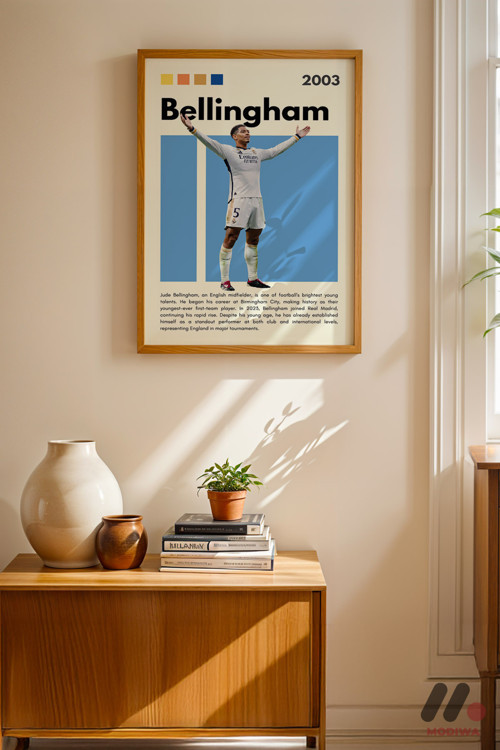 Bellingham Futbol Posteri, Ahşap Çerçeveli Duvar Tablosu - Spor Severlere Hediye