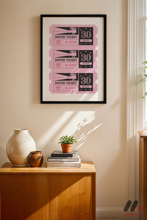 Pembe Sinema Bileti, Siyah Çerçeveli Duvar Tablosu - Modern Ev Dekorasyonu