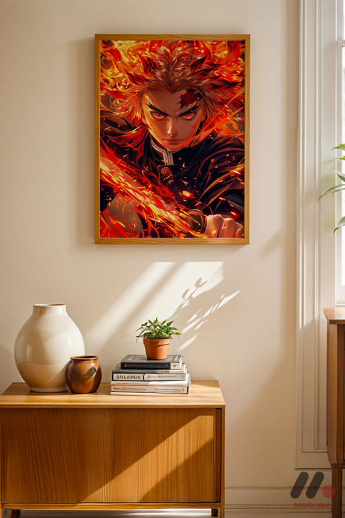 Demon Slayer Rengoku Poster, Ahşap Çerçeveli Duvar Tablosu - Anime Severlere Özel Hediye
