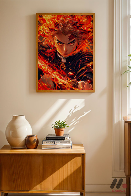 Demon Slayer Rengoku Poster, Ahşap Çerçeveli Duvar Tablosu - Anime Severlere Özel Hediye