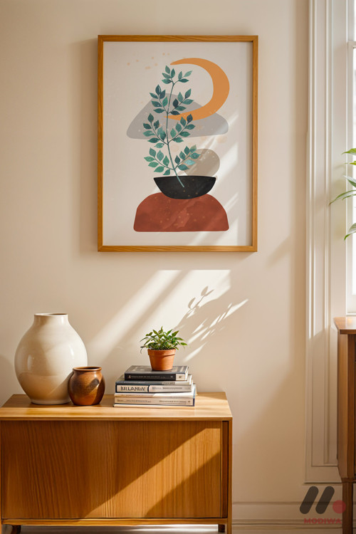 Boho Saksı Bitki, Ahşap Çerçeveli Duvar Tablosu - Modern Ev Dekorasyonu