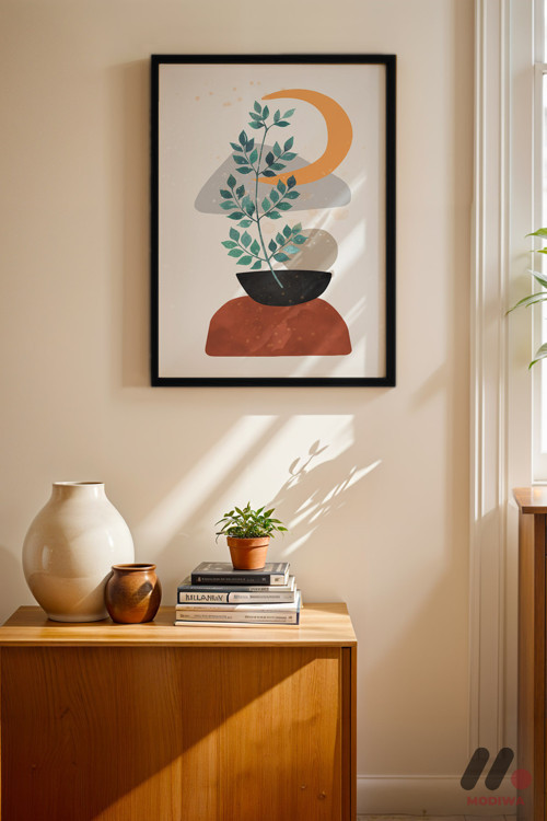 Boho Saksı Bitki, Siyah Çerçeveli Duvar Tablosu - Modern Ev Dekorasyonu