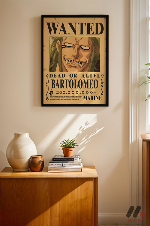 One Piece Bartolomeo Wanted Poster, Siyah Çerçeveli Duvar Tablosu - Anime Severlere Özel Hediye
