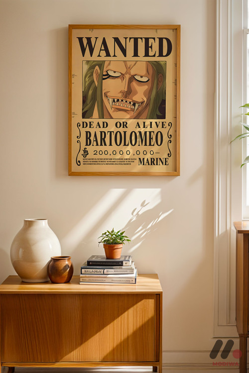 One Piece Bartolomeo Wanted Poster, Ahşap Çerçeveli Duvar Tablosu - Anime Severlere Özel Hediye