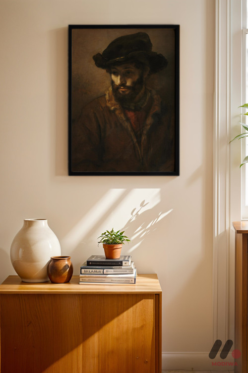 Rembrandt Şapkalı Adam Portresi, Siyah Çerçeveli Duvar Tablosu - Sanatsever Hediyesi
