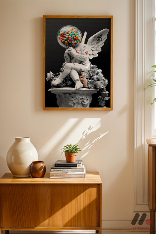 Balonlu Melek Heykel Poster, Ahşap Çerçeveli Duvar Tablosu - Renkli Ev Dekorasyonu