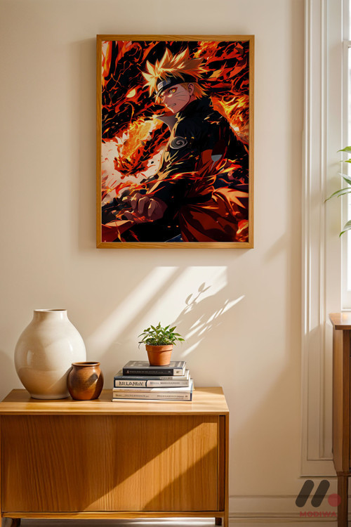Naruto Alev Efektli Poster, Ahşap Çerçeveli Duvar Tablosu - Anime Severlere Özel Hediye