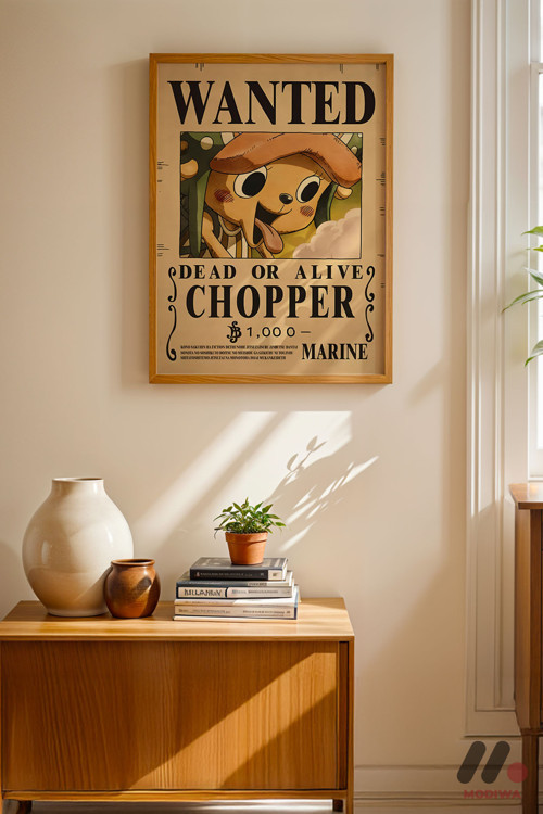 One Piece Chopper Wanted Poster, Ahşap Çerçeveli Duvar Tablosu - Anime Severlere Özel Hediye