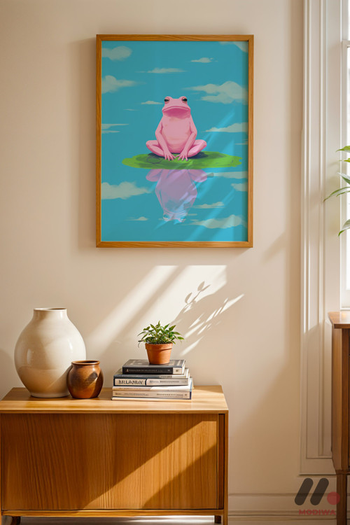 Pembe Kurbağa Nilüfer, Ahşap Çerçeveli Duvar Tablosu - Modern Ev Dekorasyonu