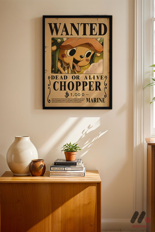 One Piece Chopper Wanted Poster, Siyah Çerçeveli Duvar Tablosu - Anime Severlere Özel Hediye