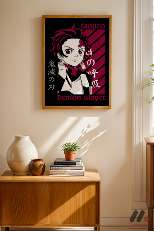 Demon Slayer Tanjiro Anime Poster, Ahşap Çerçeveli Duvar Tablosu - Anime Severlere Özel Hediye