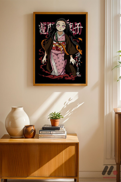 Demon Slayer Nezuko Anime Poster, Ahşap Çerçeveli Duvar Tablosu - Anime Severlere Özel Hediye