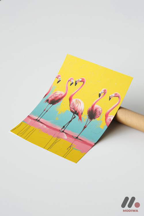 Flamingo Pop Art, Çerçevesiz Yüksek Kalite Duvar Afişi - Renkli Ev Dekorasyonu