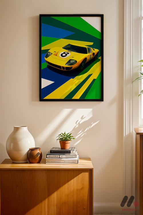 Sarı Yarış Arabası Pop Art, Siyah Çerçeveli Duvar Tablosu - Oto Severlere Özel Hediye