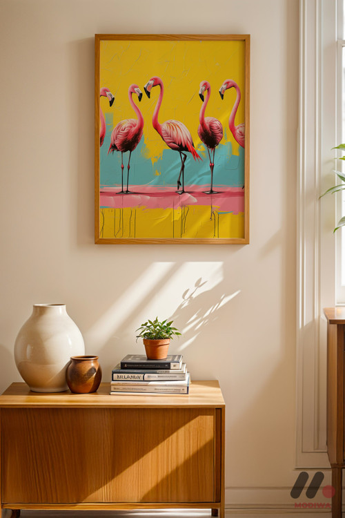 Flamingo Pop Art, Ahşap Çerçeveli Duvar Tablosu - Renkli Ev Dekorasyonu