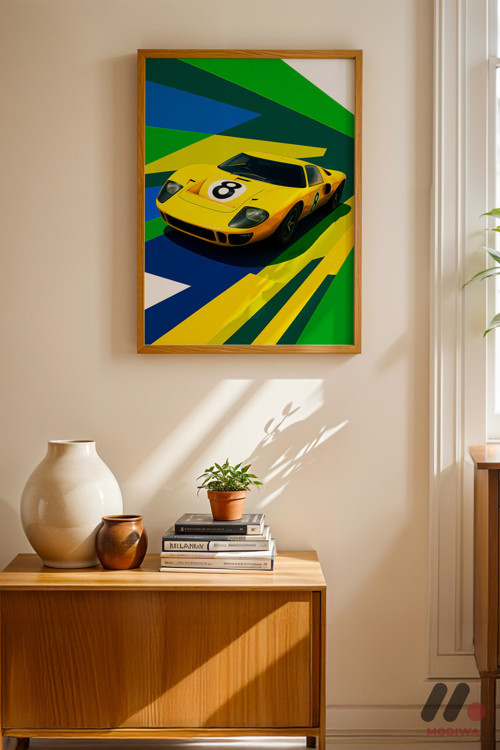 Sarı Yarış Arabası Pop Art, Ahşap Çerçeveli Duvar Tablosu - Oto Severlere Özel Hediye