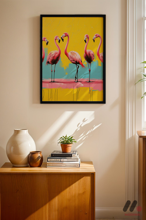 Flamingo Pop Art, Siyah Çerçeveli Duvar Tablosu - Renkli Ev Dekorasyonu