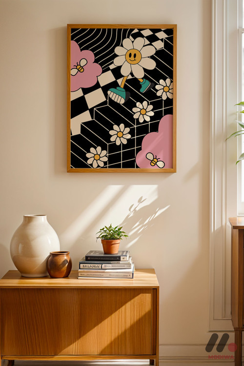 Retro Papatya Dama Deseni, Ahşap Çerçeveli Duvar Tablosu - Motivasyon Hediyesi