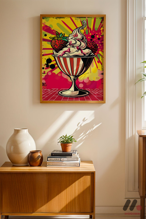 Dondurma Pop Art, Ahşap Çerçeveli Duvar Tablosu - Renkli Ev Dekorasyonu