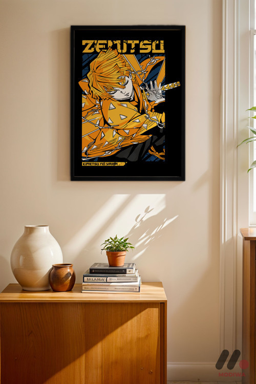 Demon Slayer Zenitsu Anime Poster, Siyah Çerçeveli Duvar Tablosu - Anime Severlere Özel Hediye