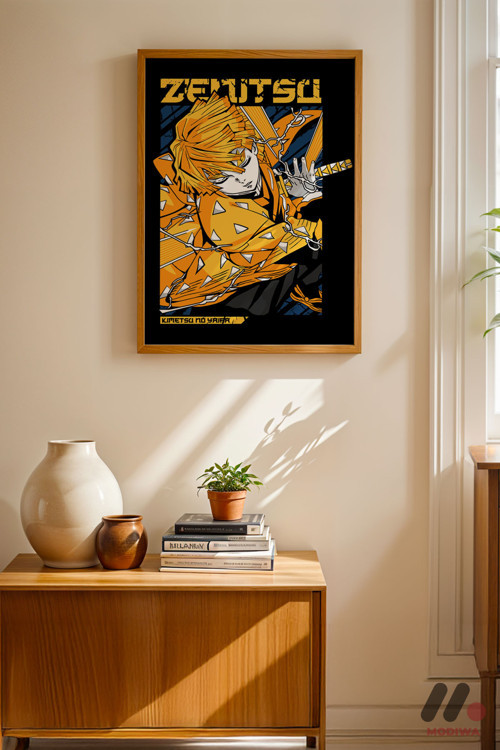 Demon Slayer Zenitsu Anime Poster, Ahşap Çerçeveli Duvar Tablosu - Anime Severlere Özel Hediye