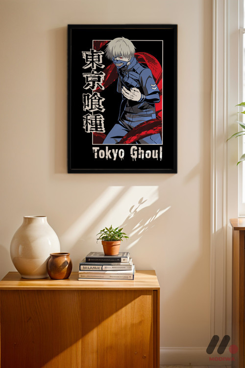Tokyo Ghoul Kaneki Maske Poster, Siyah Çerçeveli Duvar Tablosu - Anime Severlere Özel Hediye