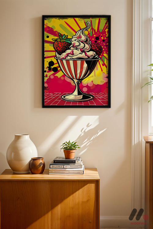 Dondurma Pop Art, Siyah Çerçeveli Duvar Tablosu - Renkli Ev Dekorasyonu