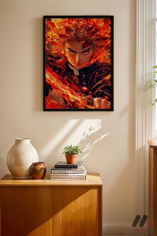 Demon Slayer Rengoku Anime Poster, Siyah Çerçeveli Duvar Tablosu - Anime Severlere Özel Hediye