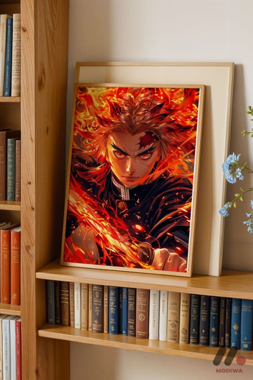 Demon Slayer Rengoku Anime Poster, Ahşap Çerçeveli Duvar Tablosu - Anime Severlere Özel Hediye