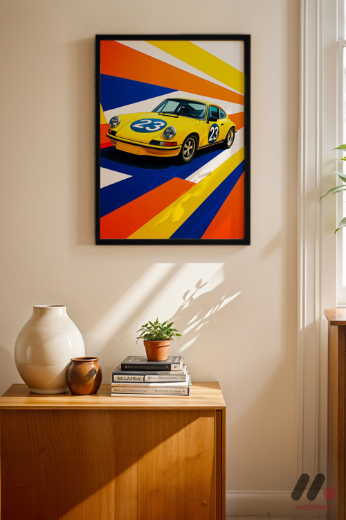Sarı Yarış Coupe Pop Art, Siyah Çerçeveli Duvar Tablosu - Oto Severlere Özel Hediye