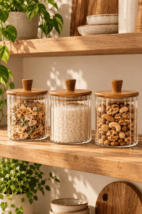 3'lü Akasya Ahşap Kapaklı Çizgili Cam Kavanoz 600 ml - Vakumlu Erzak Ve Baharat Kabı