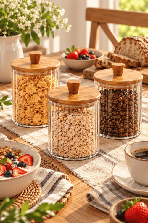 3'lü Akasya Ahşap Kapaklı Çizgili Cam Kavanoz 860 ml - Vakumlu Erzak Ve Baharat Seti