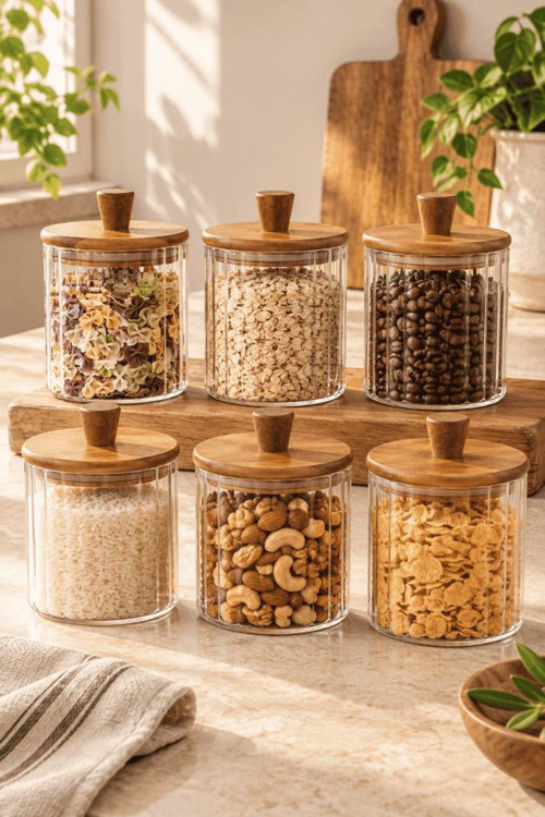 6'lı Akasya Ahşap Kapaklı Çizgili Cam Kavanoz 600 ml - Vakumlu Erzak Ve Baharat Kabı
